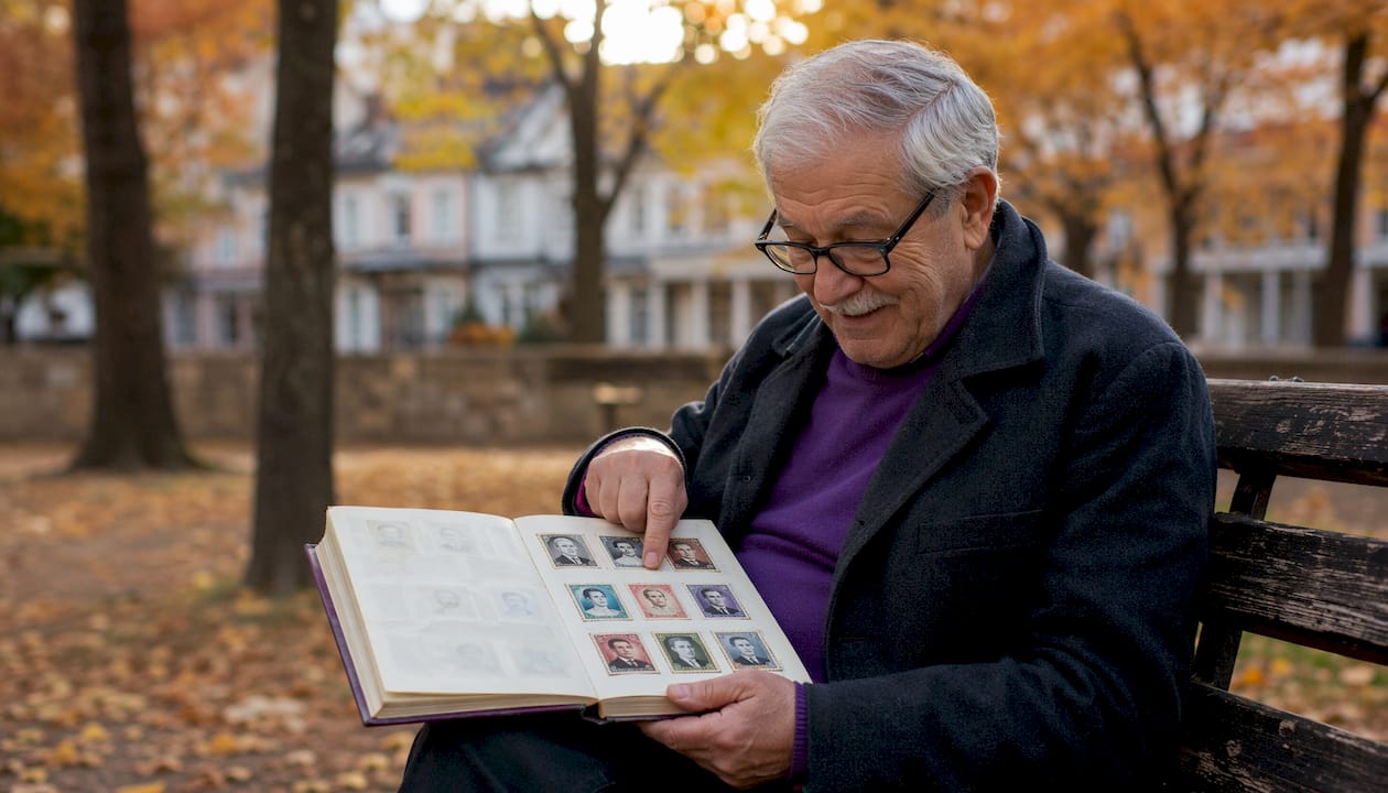 Man viewing commemorative stamp album outdoors