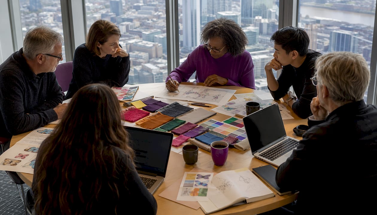 Designers reviewing commemorative stamp sketches