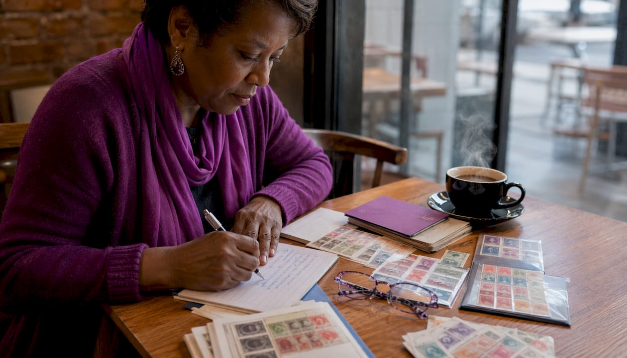 Woman organizing stamp provenance documents at desk