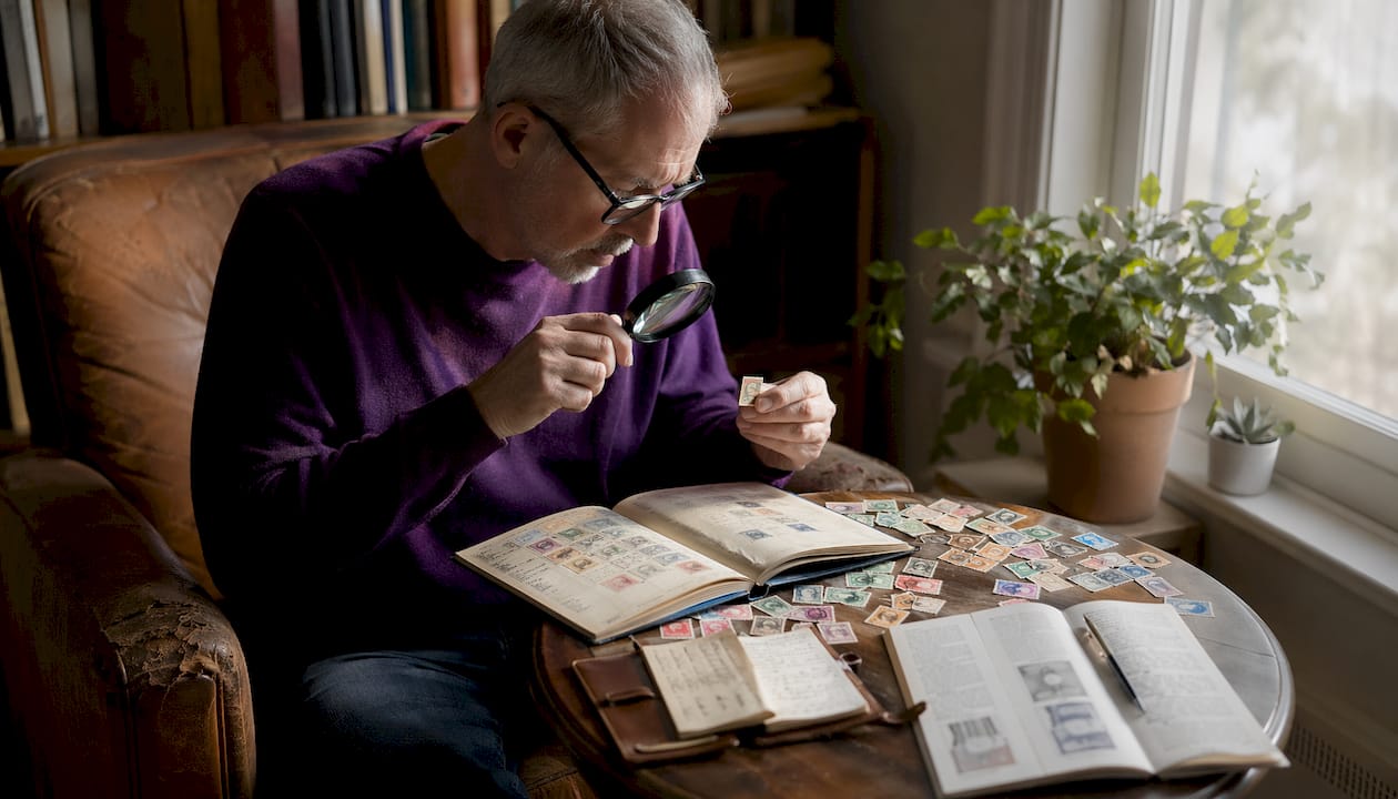 Close-up hands using magnifying glass on stamp and catalogue