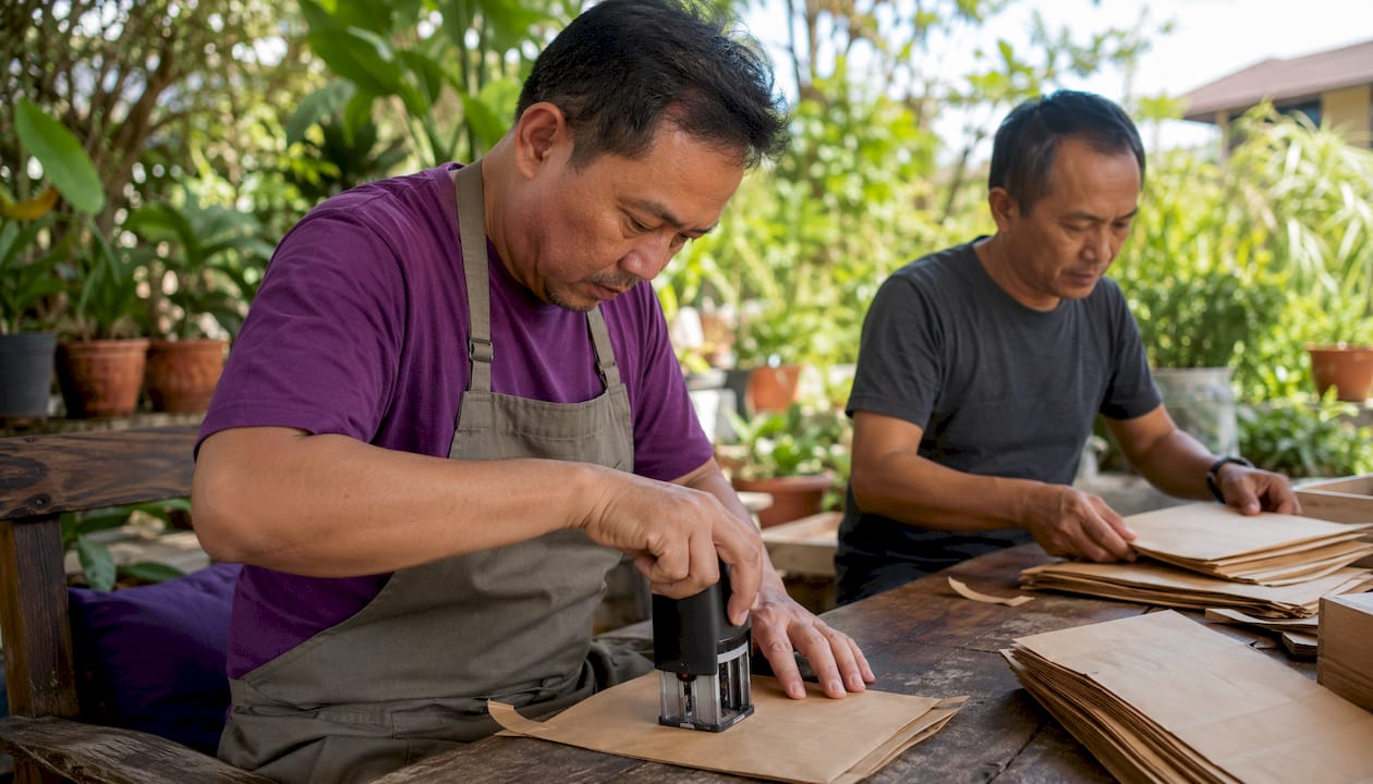 Two men using self-inking stamps on packaging