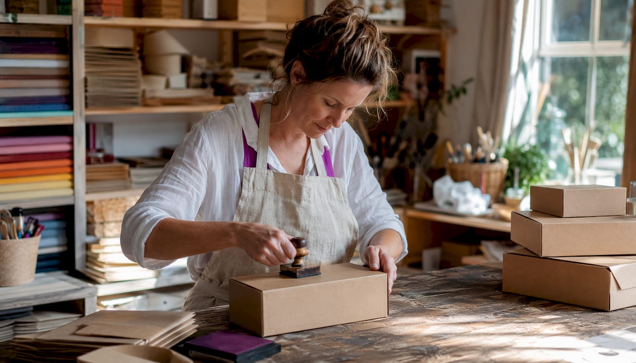 Hands applying traditional rubber stamp on box