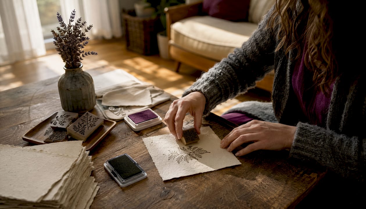 Hands stamping botanical motifs on paper