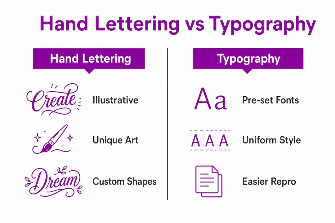 Infographic comparing hand lettering and typography in stamps