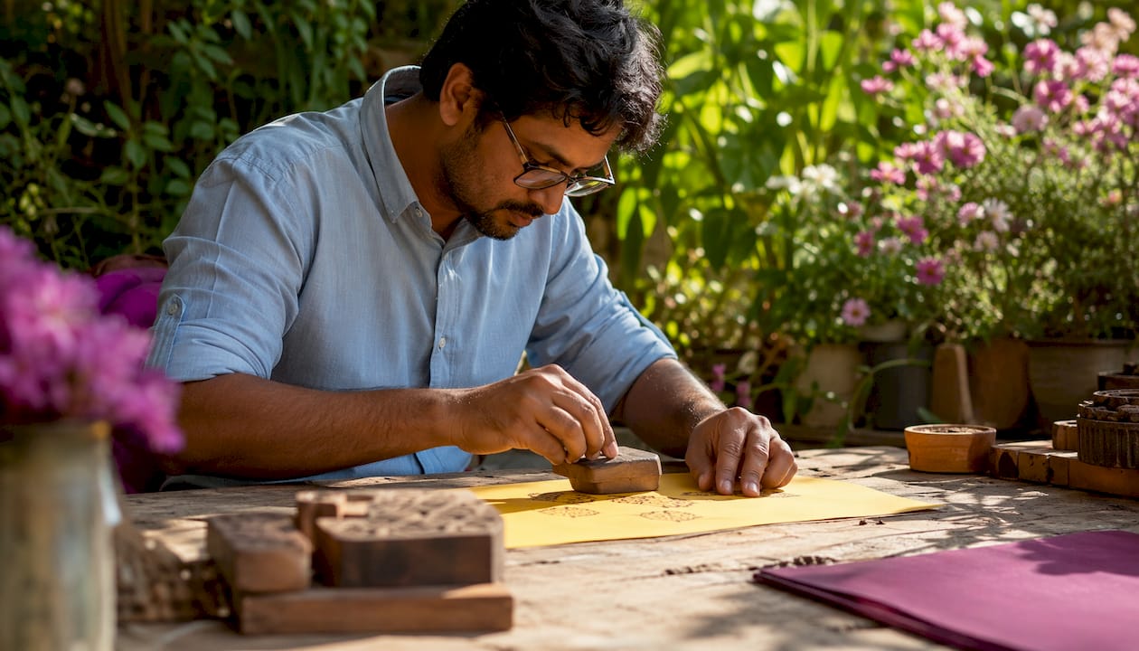 Designer testing stamp impression on paper