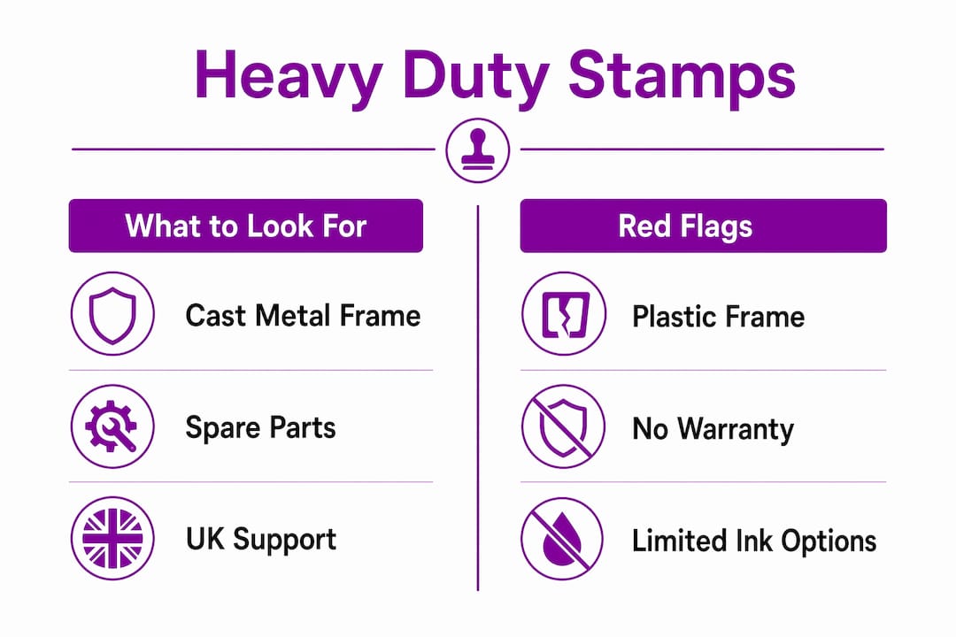 Infographic comparing features and red flags of heavy duty stamps