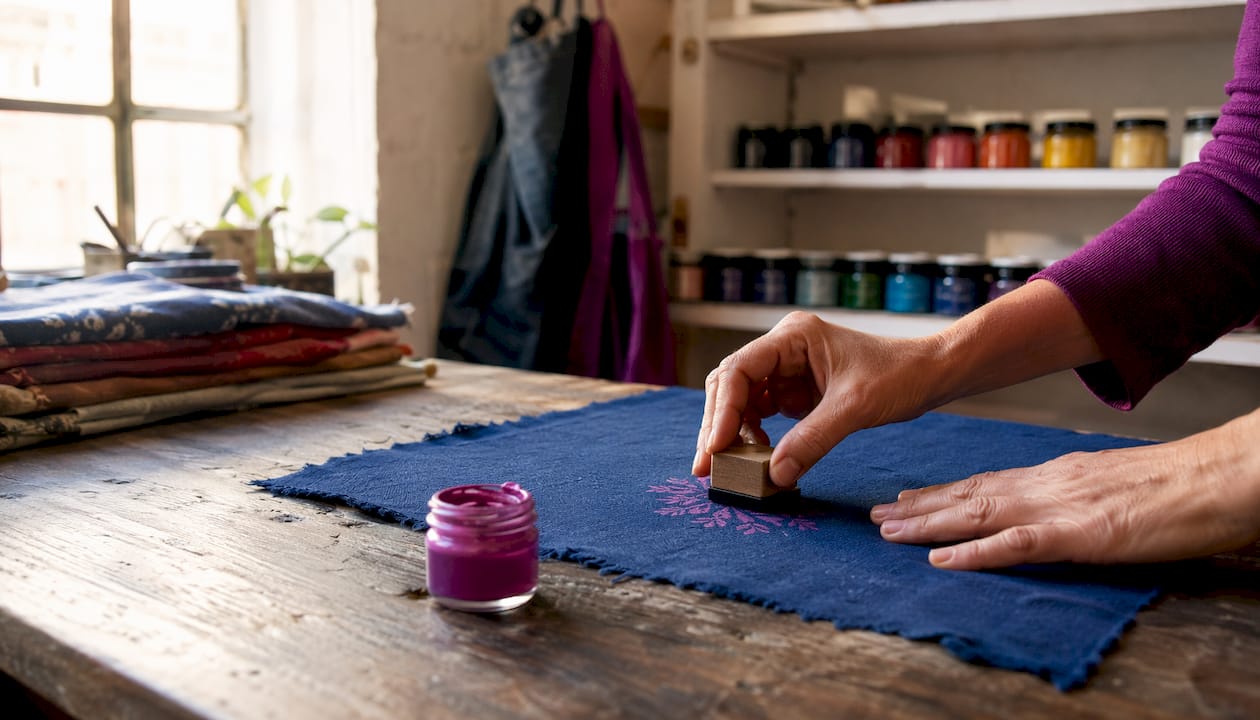 Hands stamping fabric with washable ink