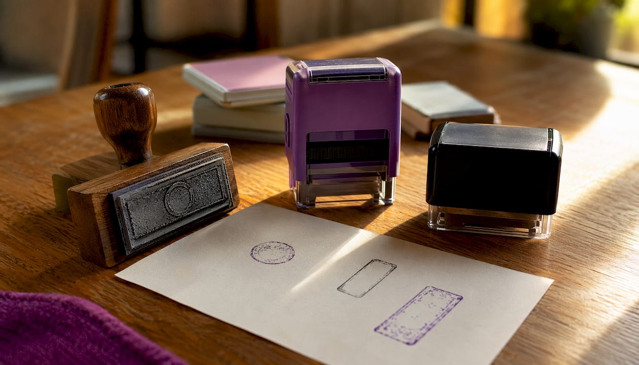 Three types of rectangular rubber stamps on table