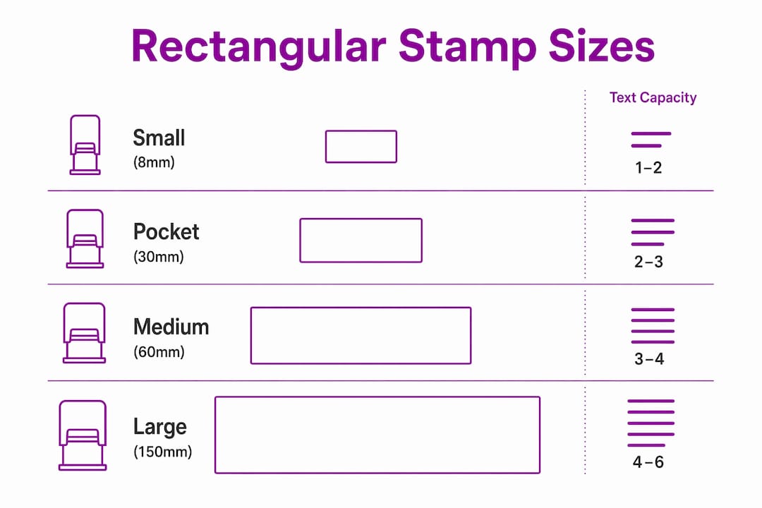 Infographic showing common rectangular stamp sizes and text fit in UK
