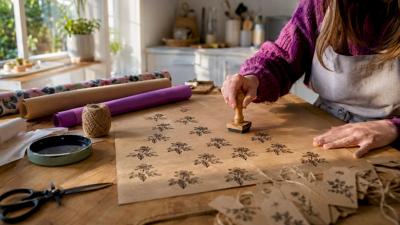 Hands stamping floral pattern on kraft gift wrap