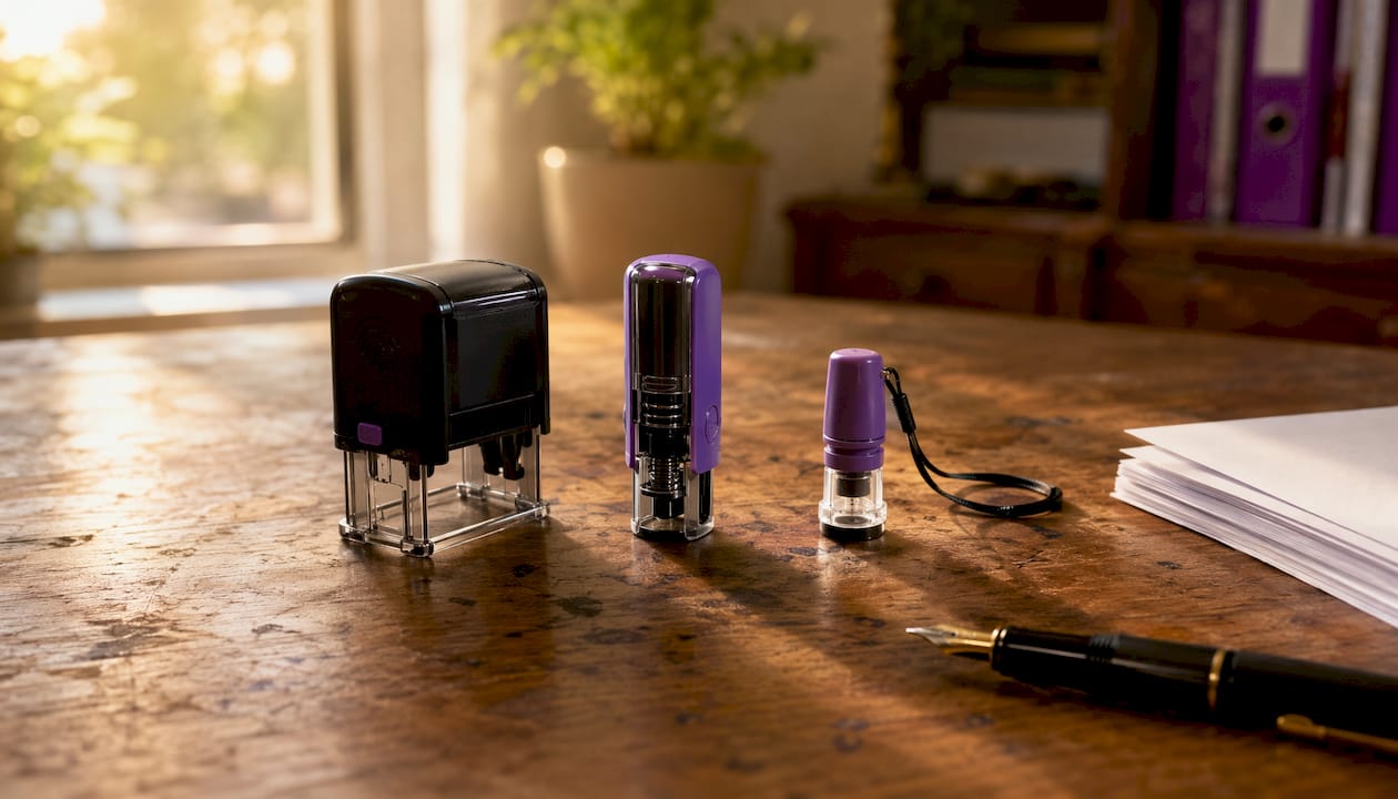 Three types of pocket stamps on office desk