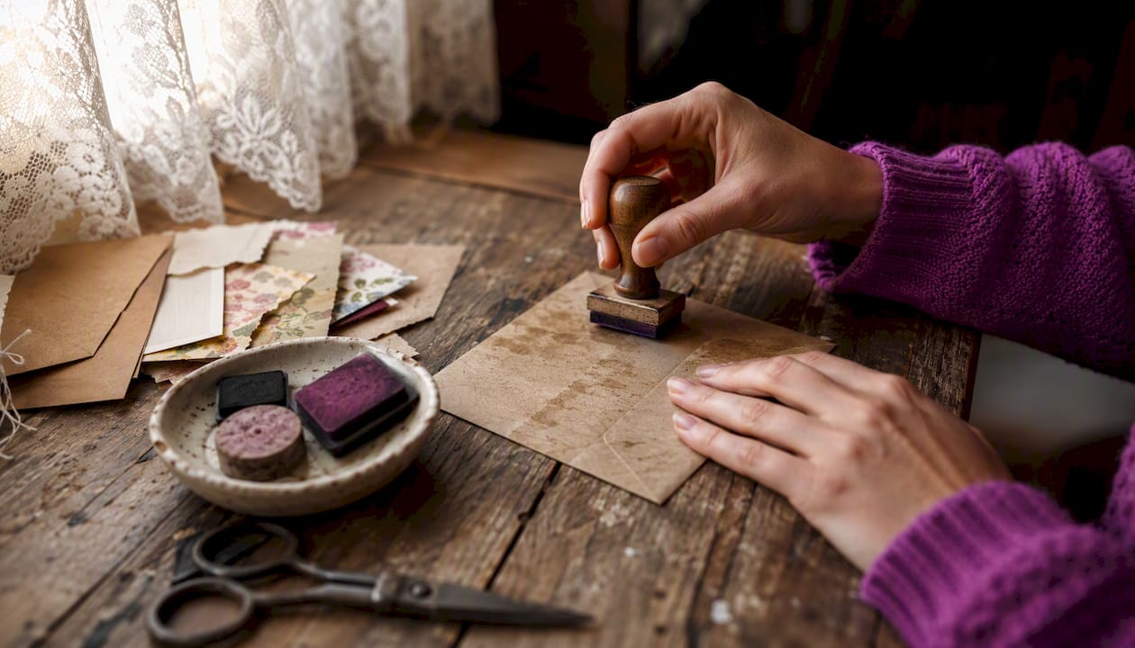 Hands stamping a UK letter with rubber stamp