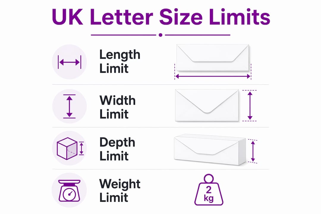 Infographic detailing UK letter size limits