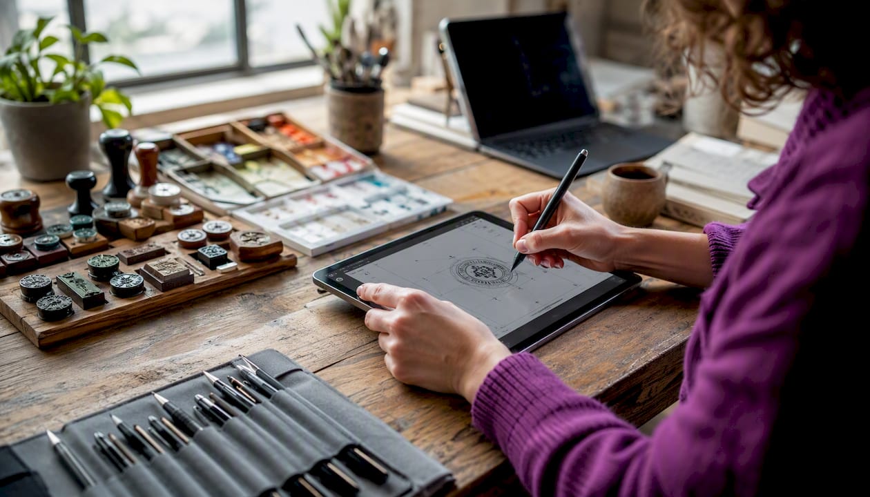Hands adjusting stamp design on tablet
