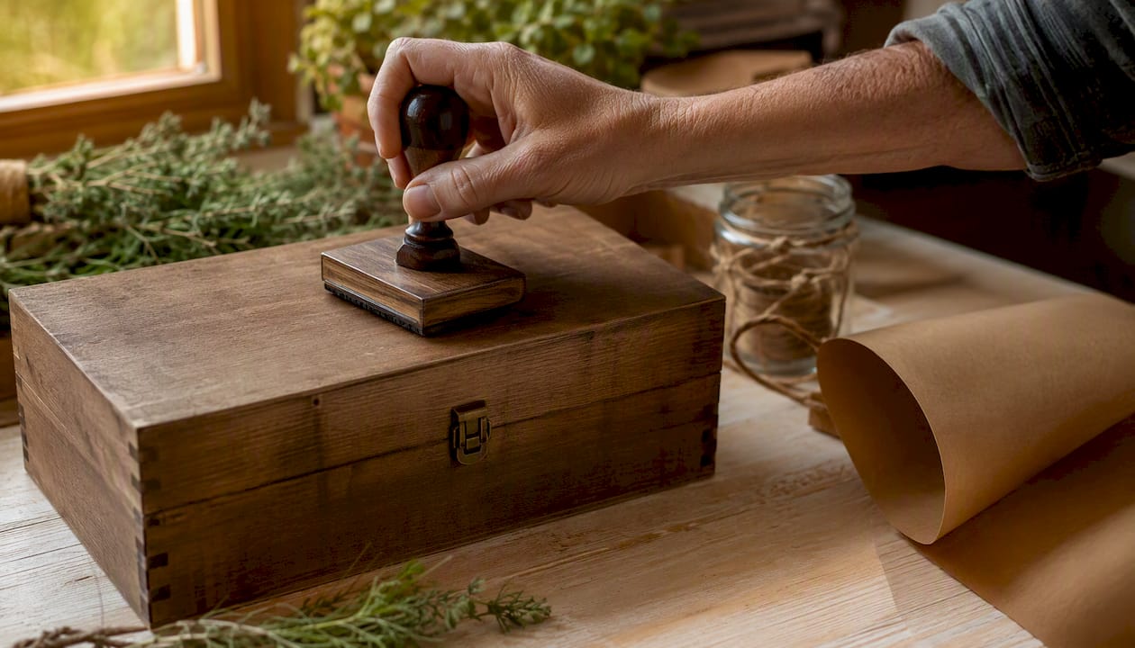 Hand stamping a kraft paper bag with logo