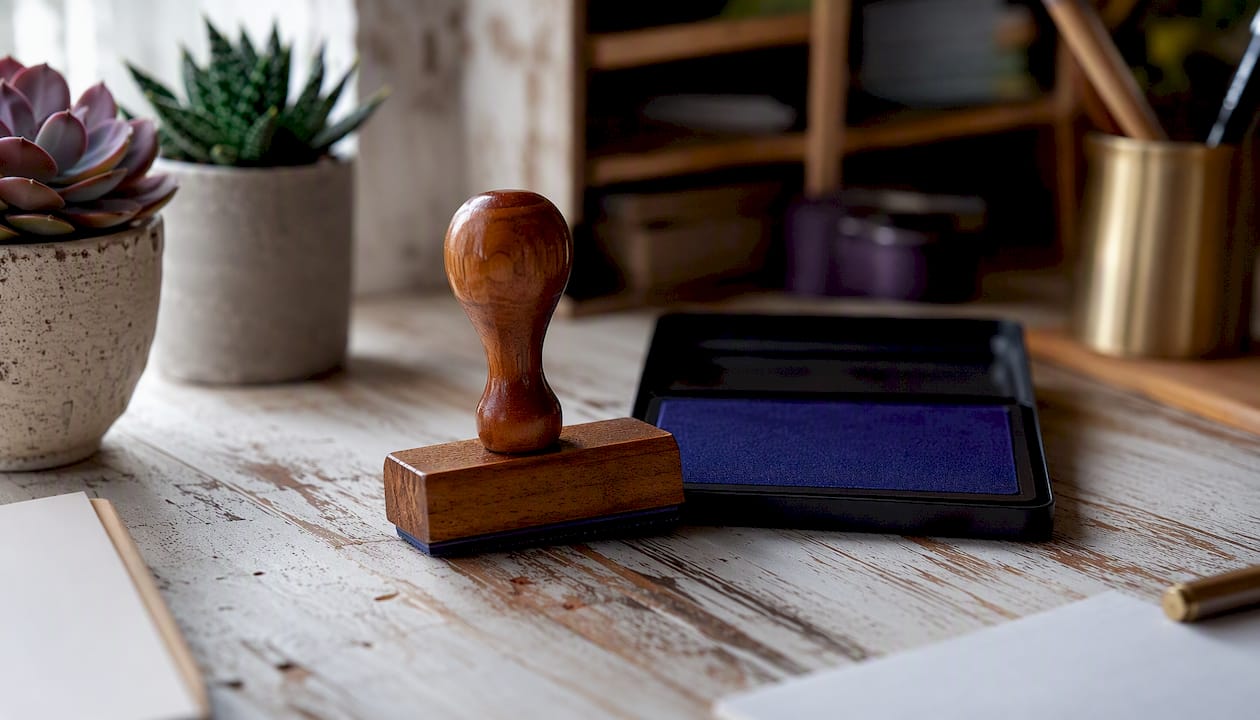 Wooden rubber stamp and red ink pad on desk