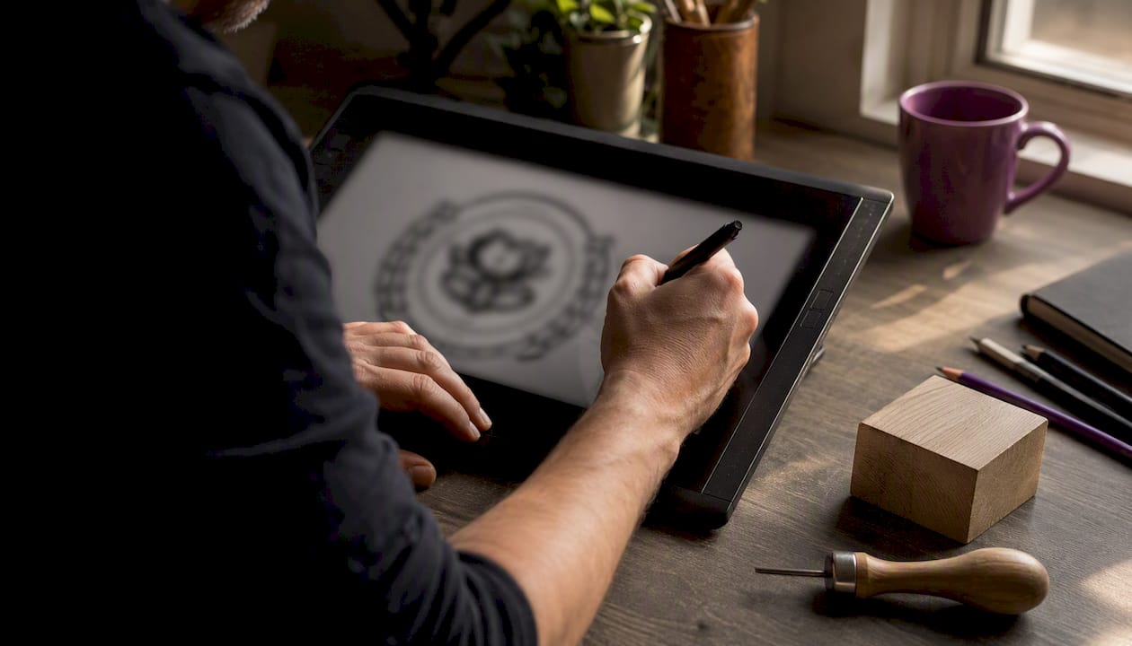 Hands preparing artwork for custom stamp design