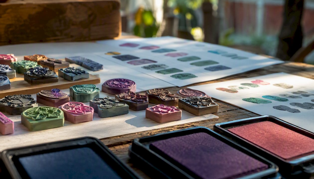 Samples of stamps and printed labels on workbench