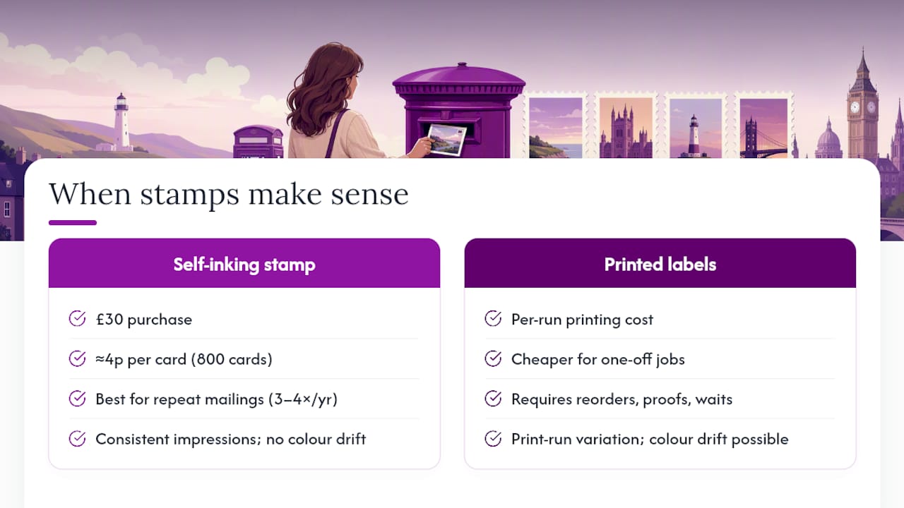 Why self-inking stamps make sense for repeat postcard campaigns — overview diagram