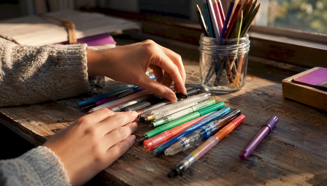Hands holding mixed pens and markers on desk