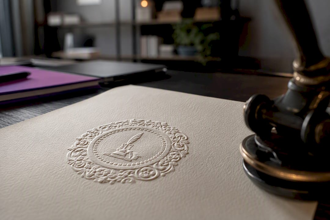 Close-up of embossed UK notary seal on paper
