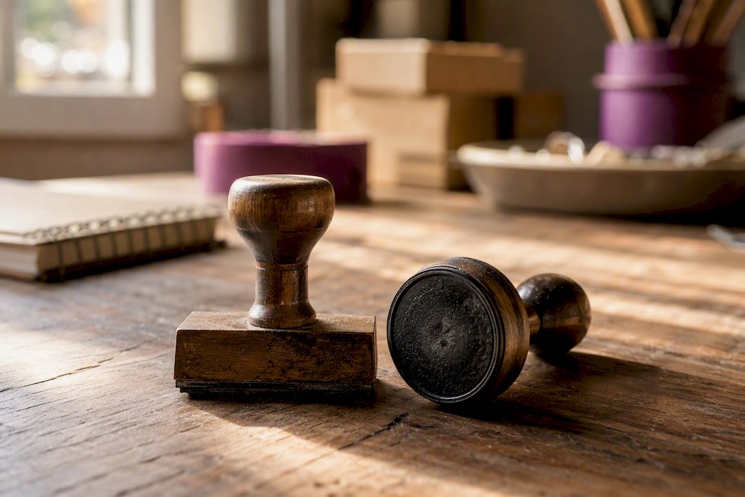Rectangular and round rubber stamps side by side