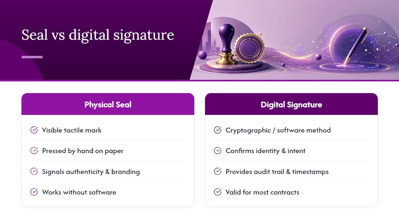 Common seal versus electronic and digital signatures — overview diagram