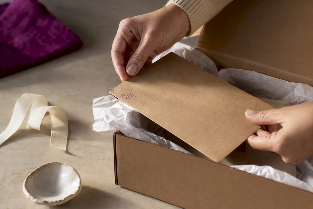 Hands revealing a stamped packaging insert