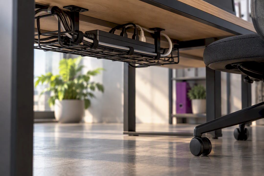 Organised under-desk cable tray and power strip