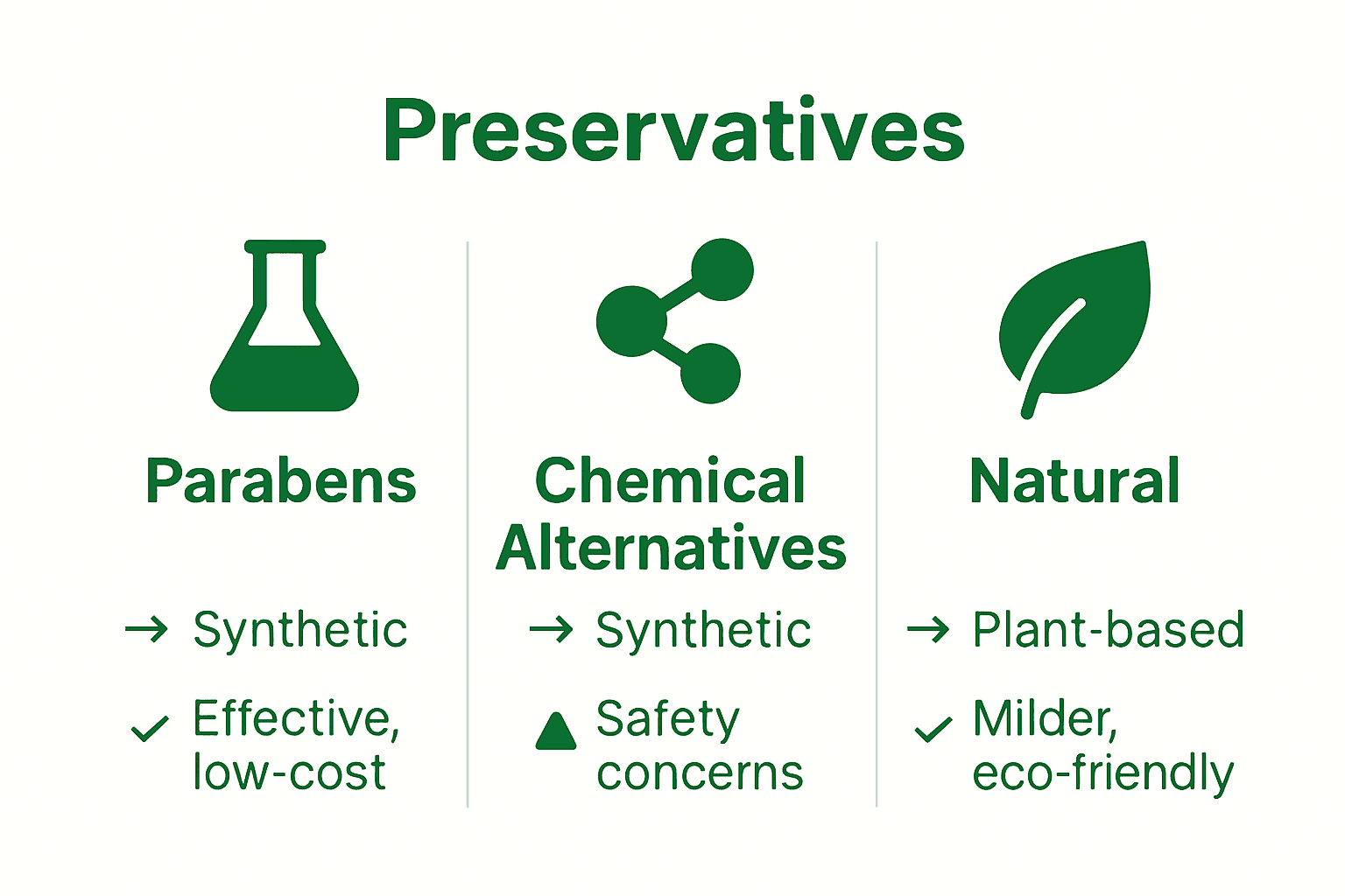 Infographic compares parabens, chemical, and natural preservatives used in cosmetics.