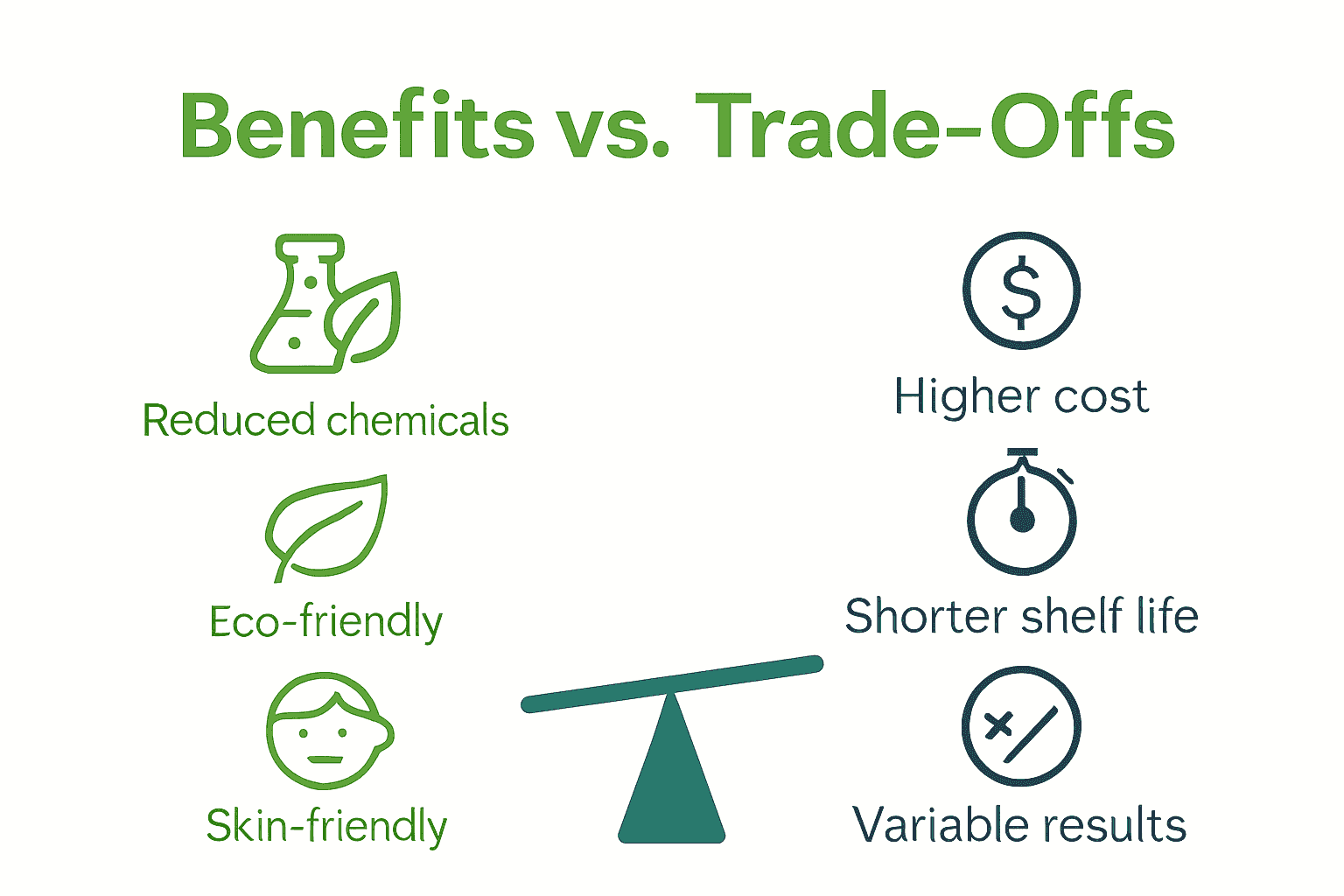 Comparison infographic of clean beauty benefits and trade-offs with icons