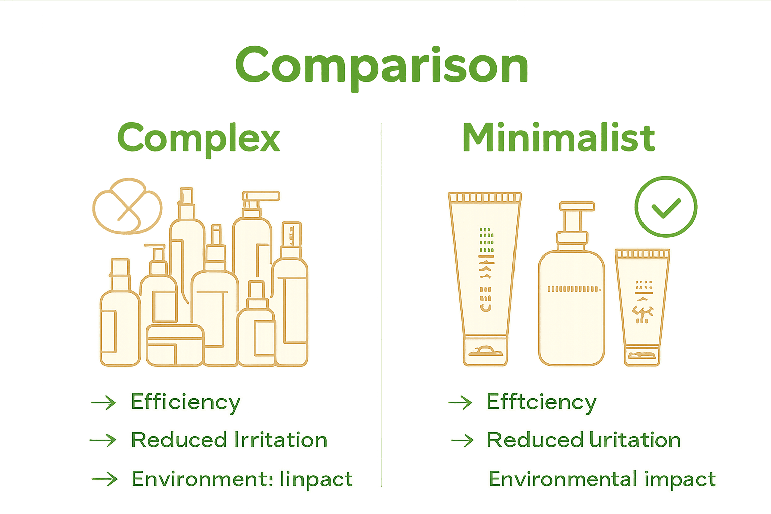 Infographic comparing complex vs minimalist skincare routines with icons