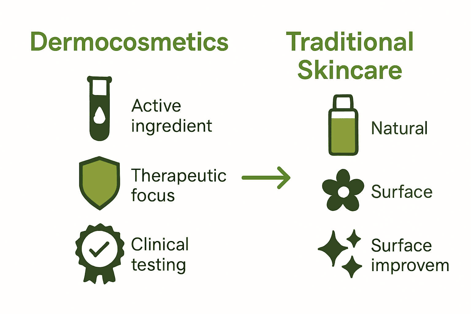 Infographic comparing dermocosmetics versus traditional skincare with scientific and ingredient icons.