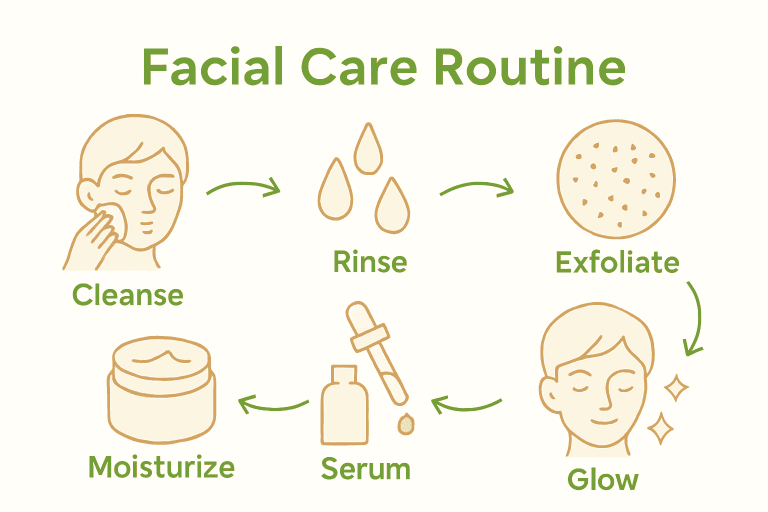 Six-step facial care process with icons for each step
