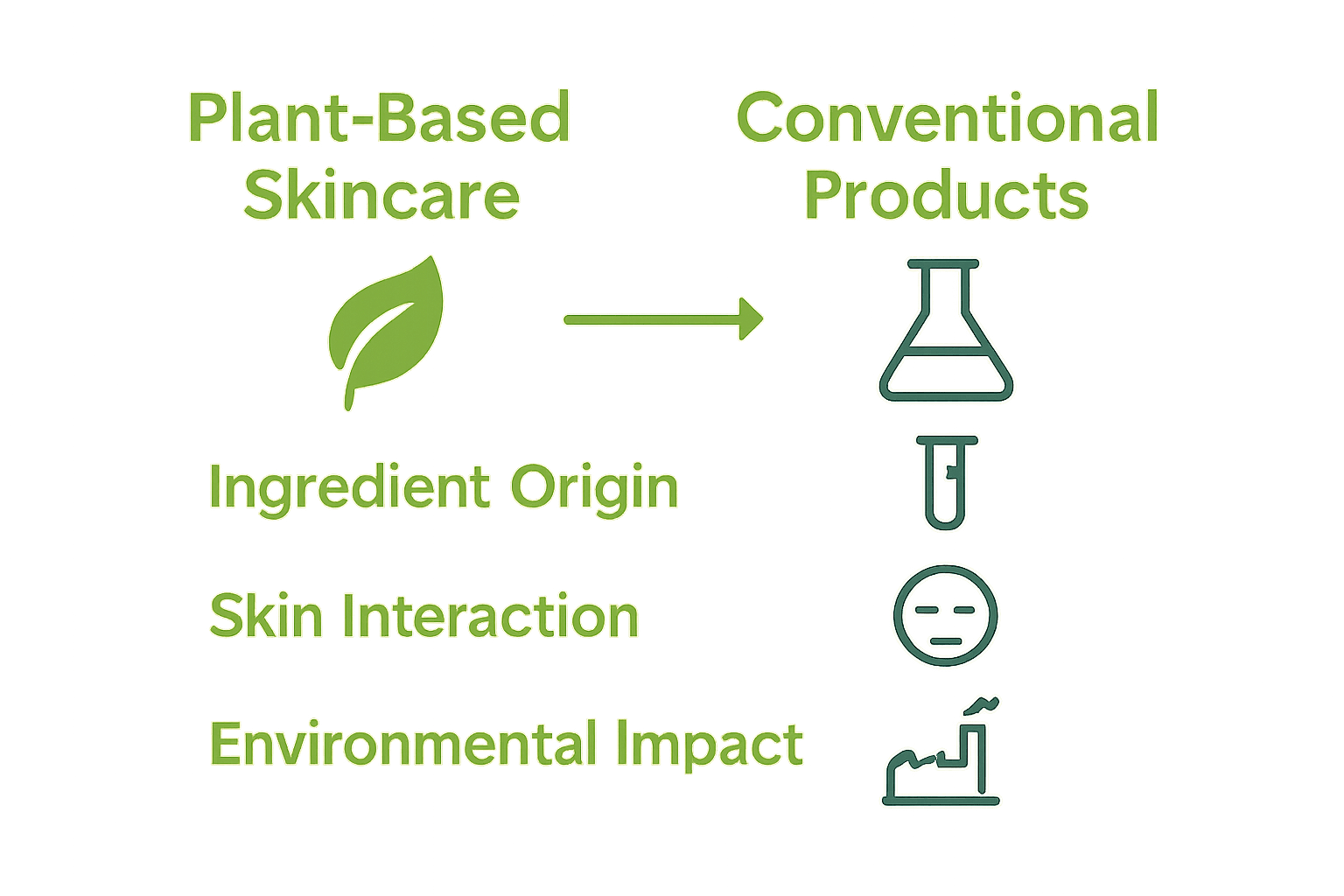 Infographic comparing plant-based vs conventional skincare attributes with icons and text.