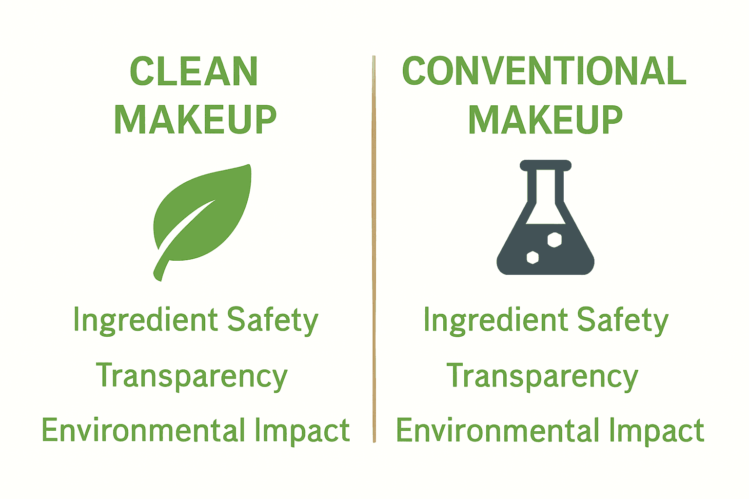 Infographic comparing clean makeup and conventional makeup ingredients and standards