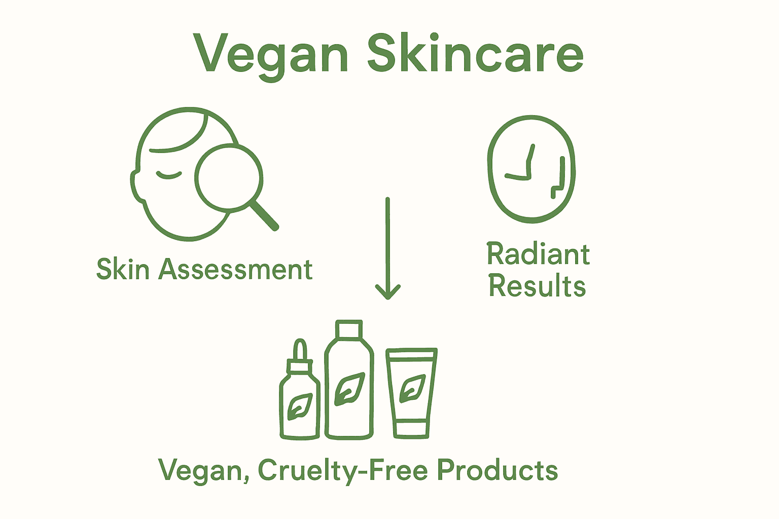 Infographic of vegan skincare workflow: assess, choose products, achieve radiant skin.