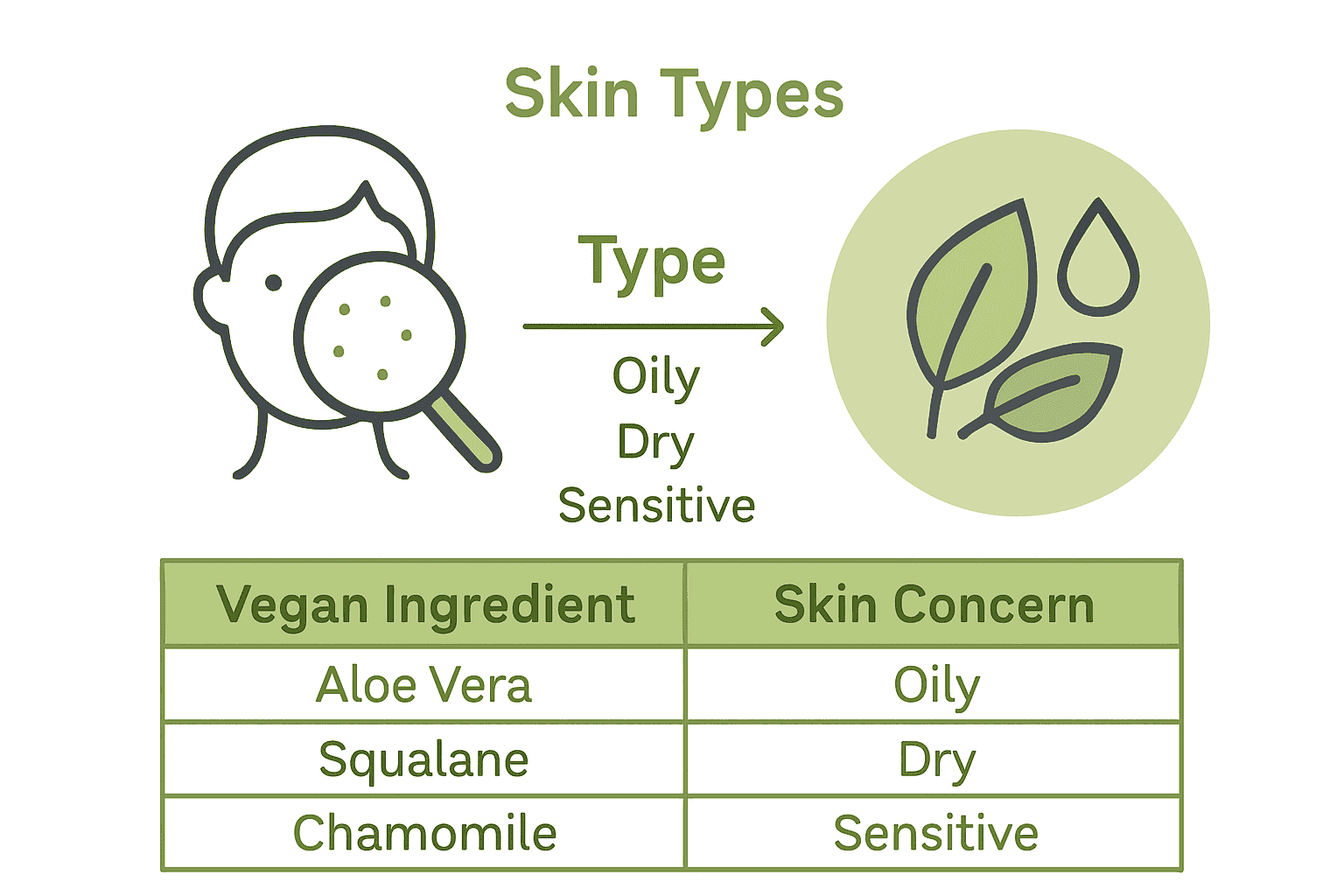 Infographic mapping skin types to vegan ingredients.