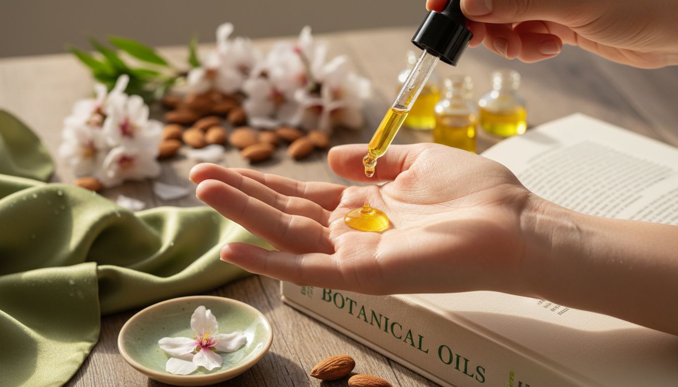Sweet almond oil dropper on healthy skin