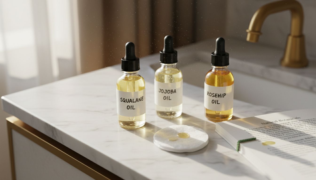 Face oil bottles on marble vanity top