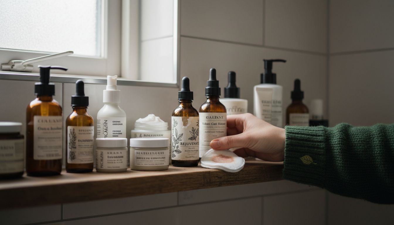 Shelf with diverse vegan skincare products