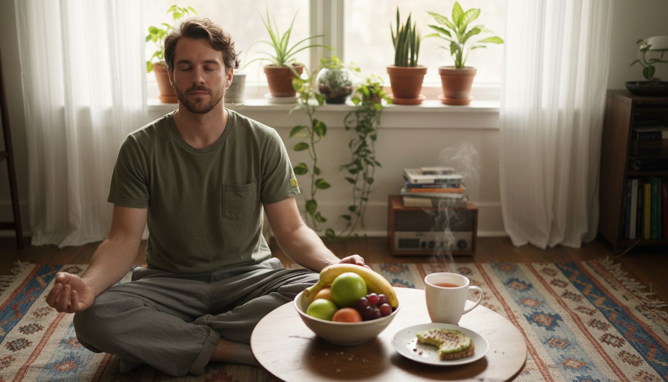 Morning meditation and healthy breakfast scene