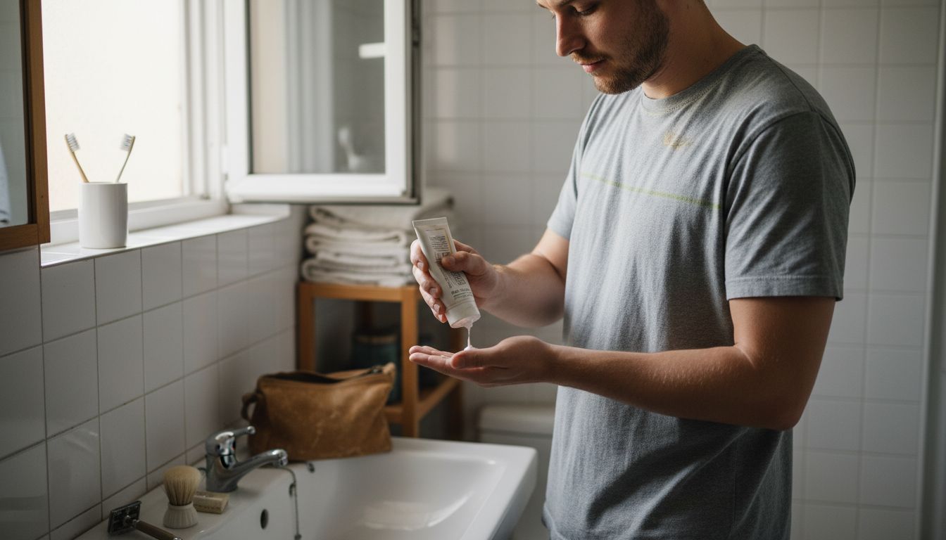 Man applies paraben free cleanser at sink
