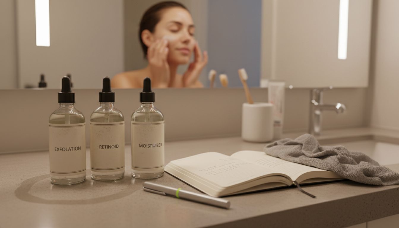 Close-up of skin cycling products and notes