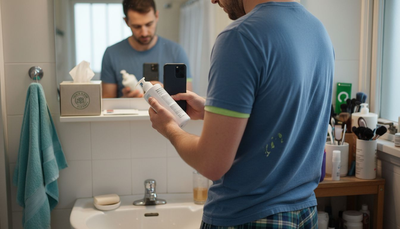 Man inspecting cosmetic product label closely