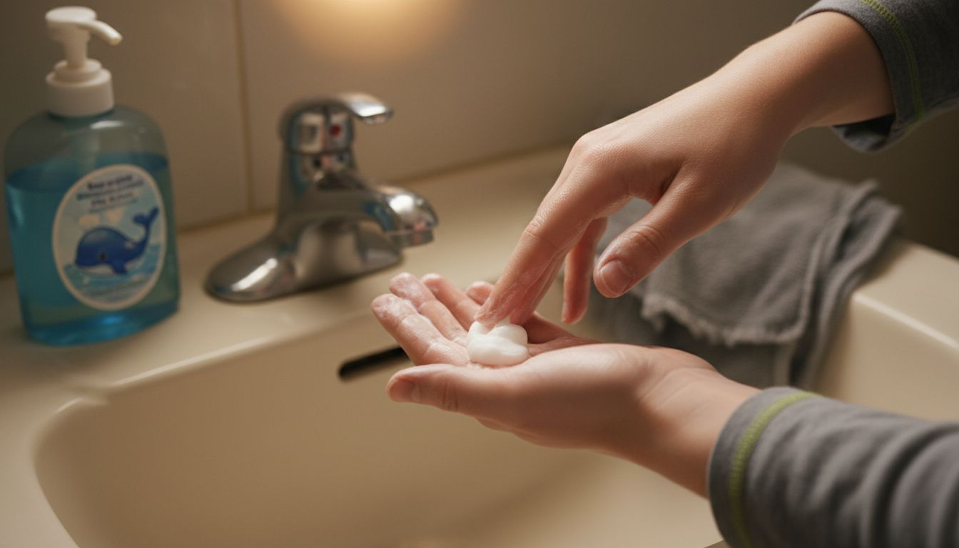 Hands lathering gentle cleanser by sink