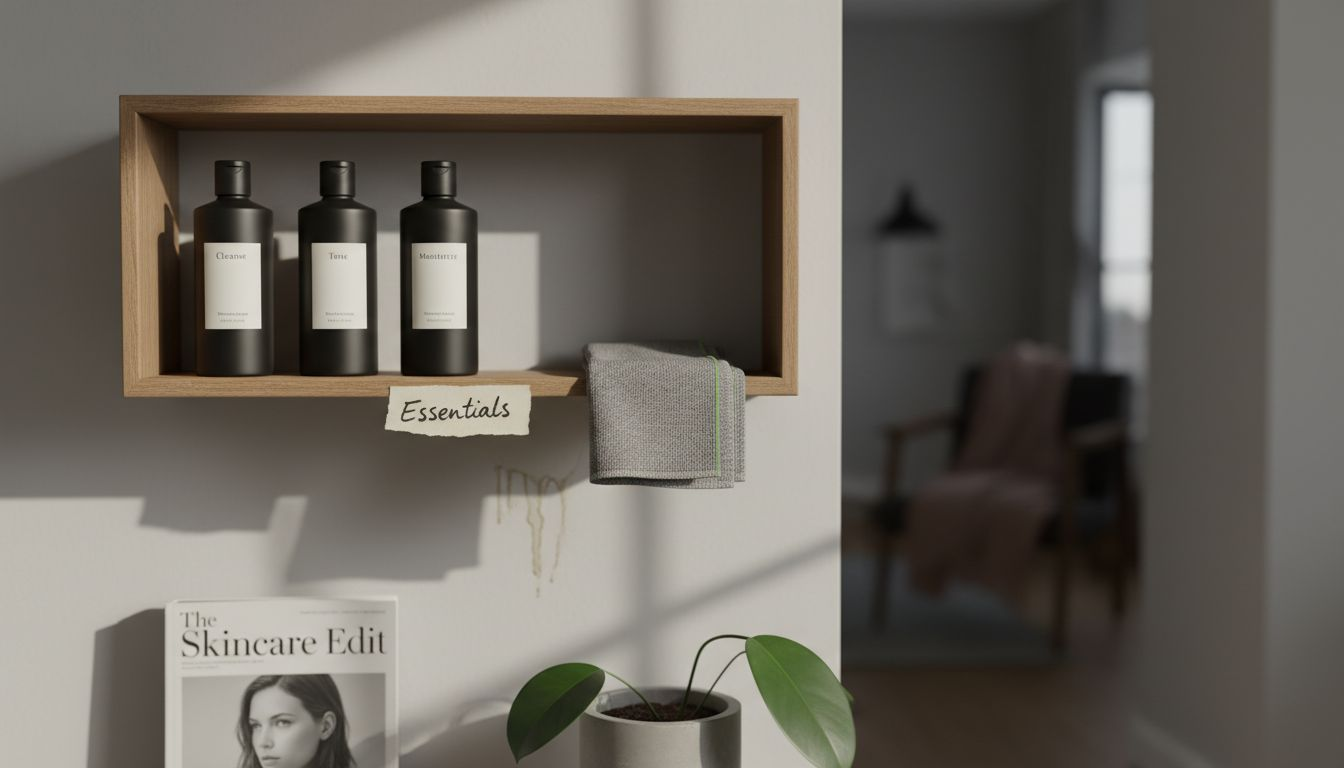Streamlined shelf with minimalist skincare essentials