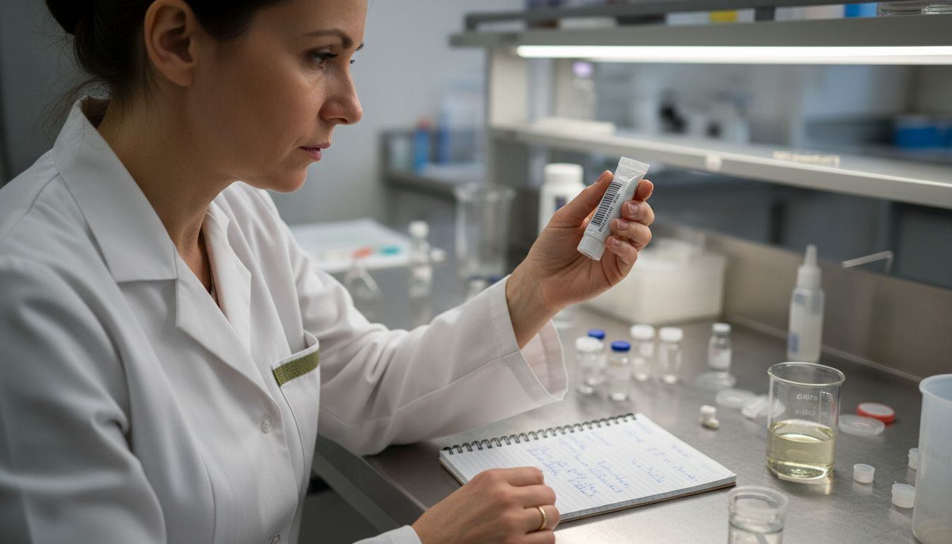 Chemist checking cosmetic cream label in lab