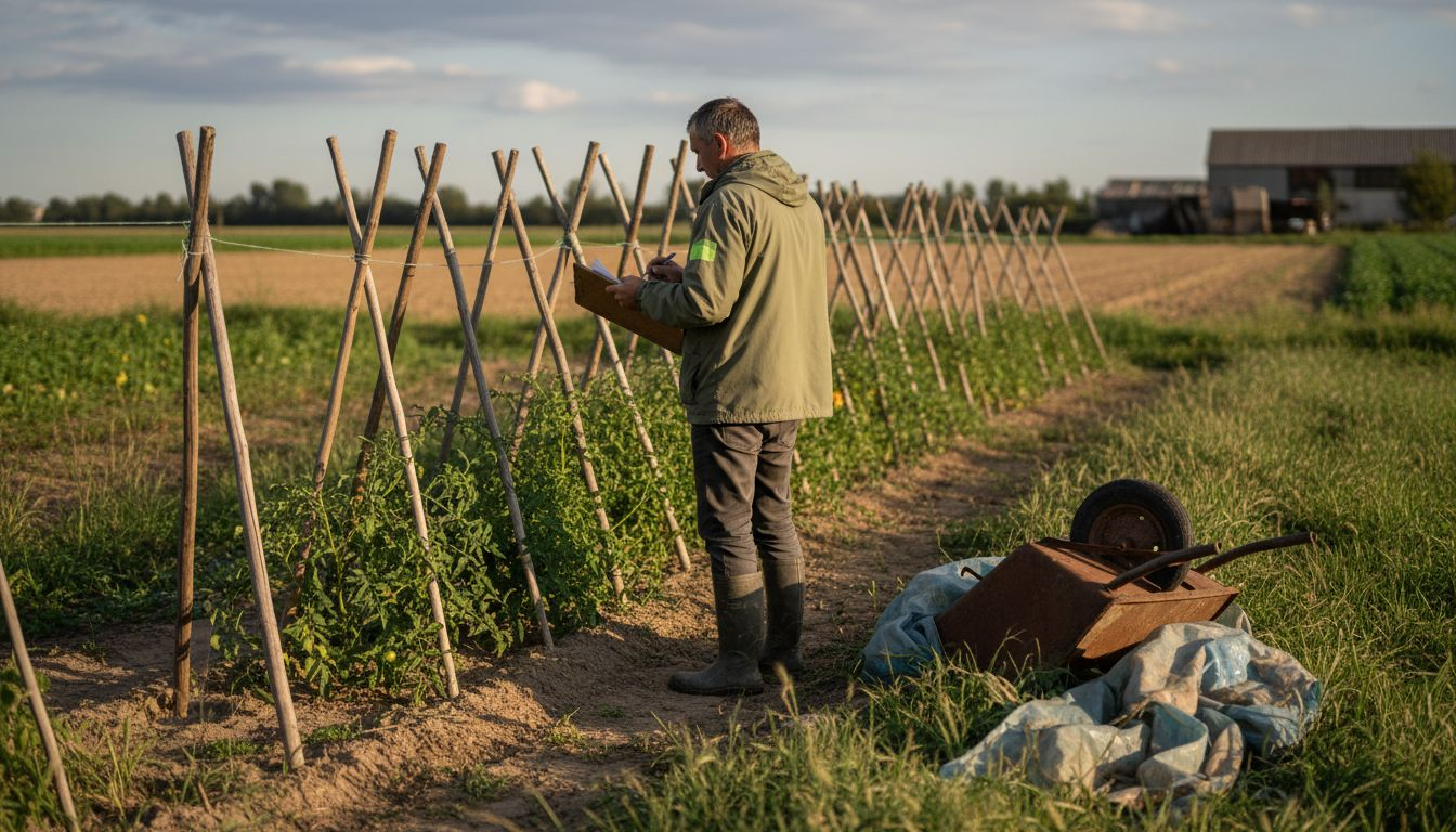 USDA inspector checks organic farm field tomatoes