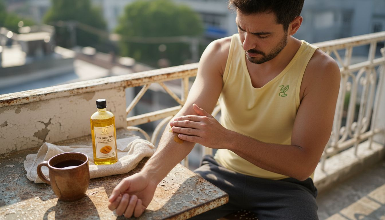 Man using turmeric oil for skin irritation
